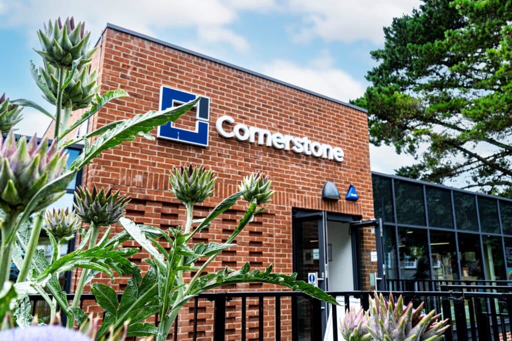 Cornerstone building with thistle plant in front